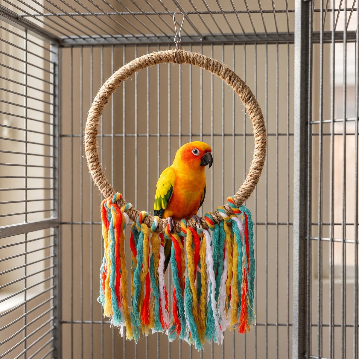 Yellow and orange parrot sitting on the rope ring with bright tassels, hanging inside a metal cage. 2