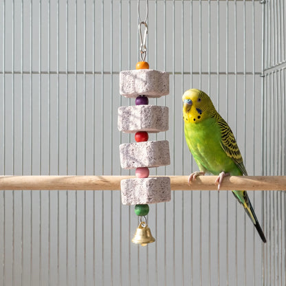 A green and yellow budgerigar perched on a wooden bar in a metal cage, beside the hanging pumice toy with its colourful beads and bell. 3
