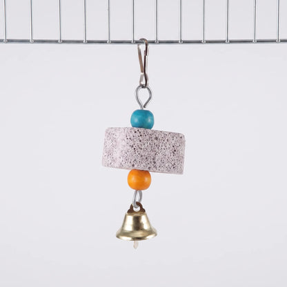 Smaller version with a single pumice block between turquoise and orange beads, a brass bell below, clipped to a cage wire. 5