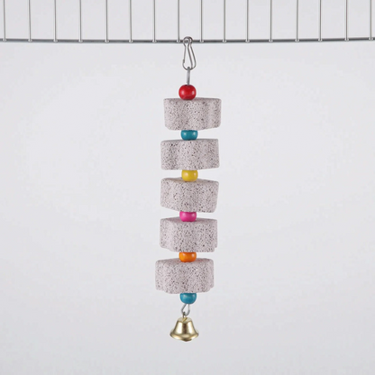 Longest version with five pumice blocks separated by red, turquoise, yellow, pink, orange and turquoise beads, with a brass bell at the bottom. 9