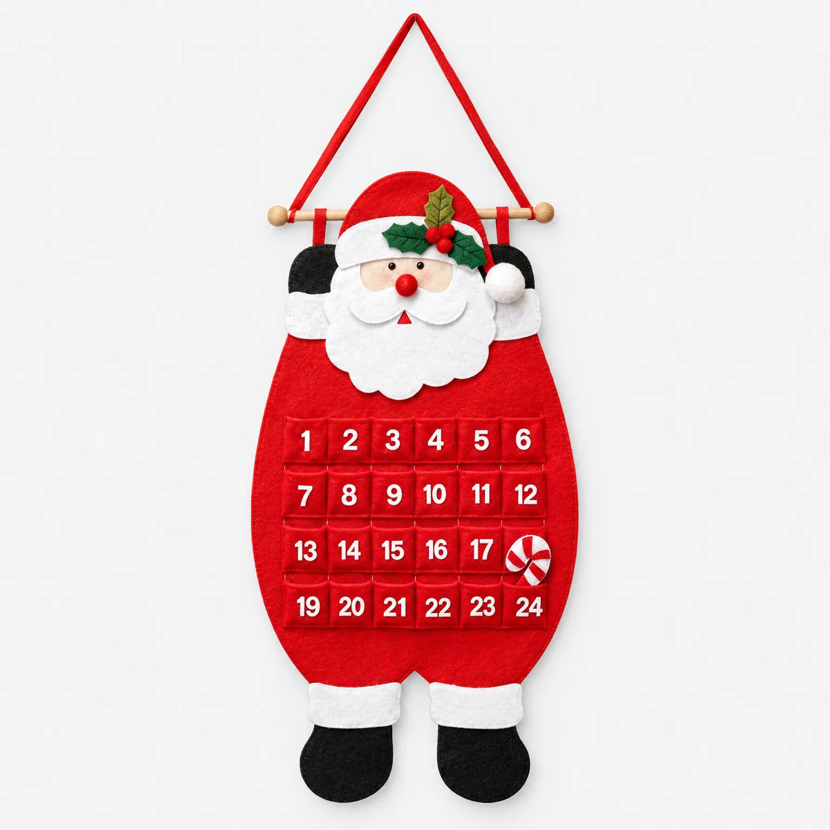 Front view of the felt Father Christmas calendar on a plain white background, showing 24 numbered pockets and a candy cane. 2