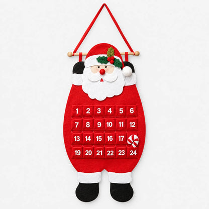 Front view of the felt Father Christmas calendar on a plain white background, showing 24 numbered pockets and a candy cane. 2