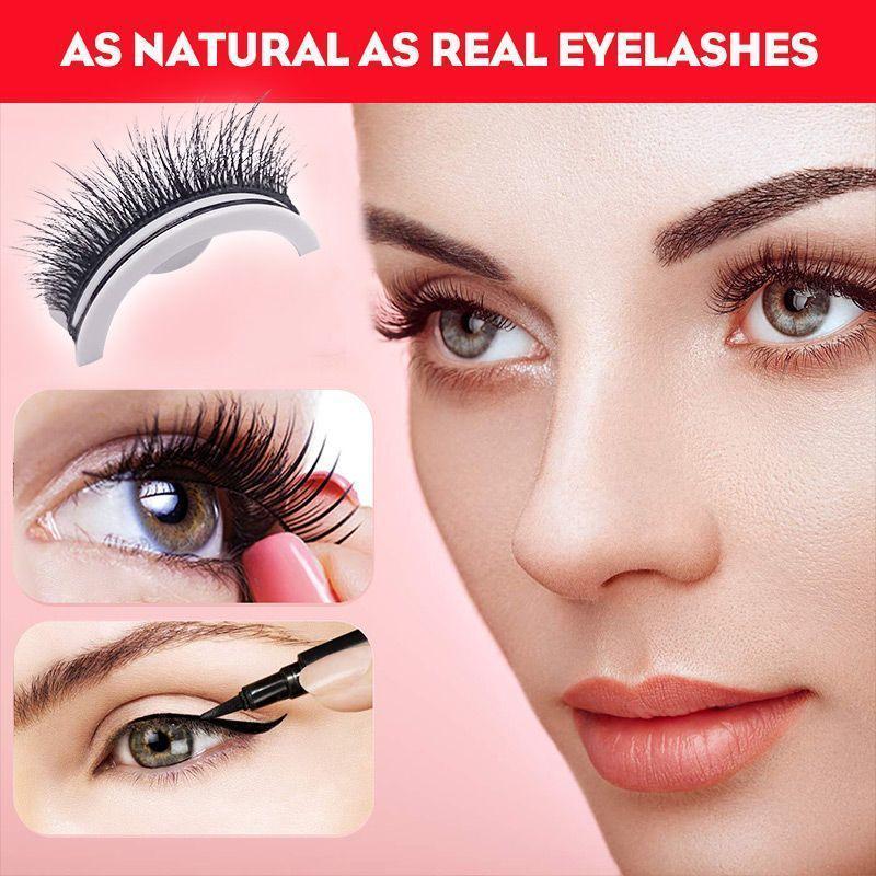 Lashes on a curved white holder beside a model's face, with small insets of fitting the lashes and drawing winged eyeliner. 9