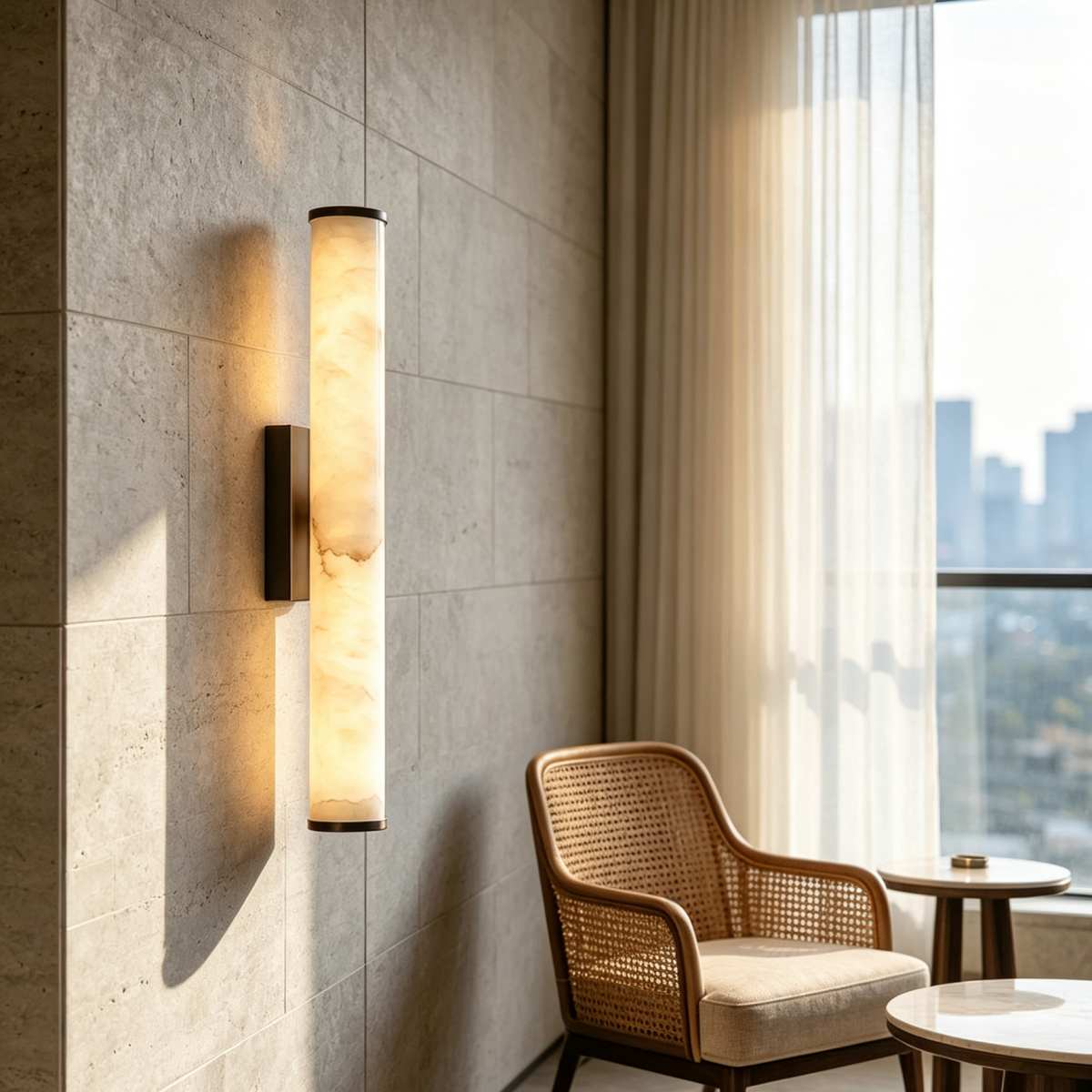 Marble wall light on a tiled stone wall, casting warm light and a long shadow, beside a cane armchair and a sunlit window. 8