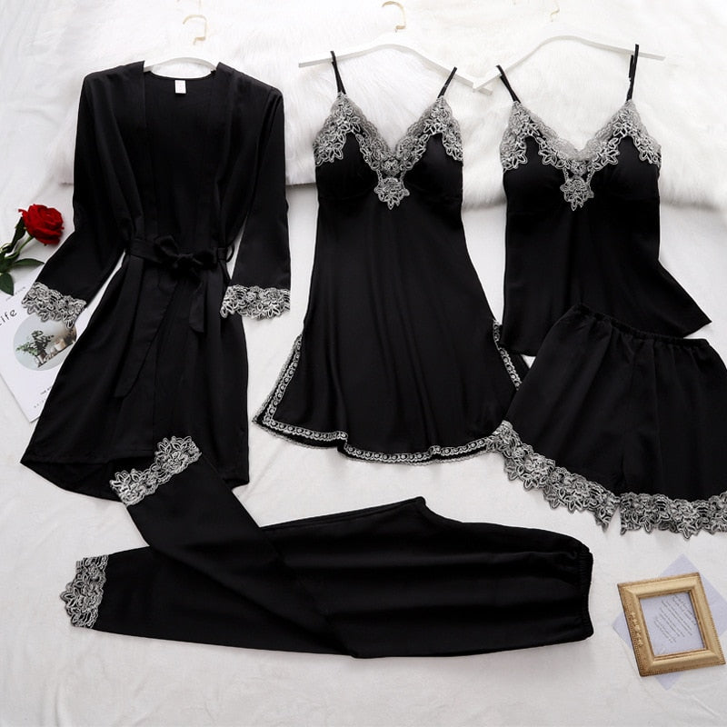 5-Piece Satin Sleep Set for Women with Lace – Amara