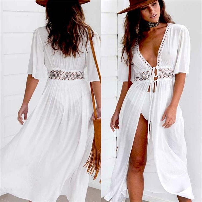 Long beach dress with lace accents and bow fastening – Elara