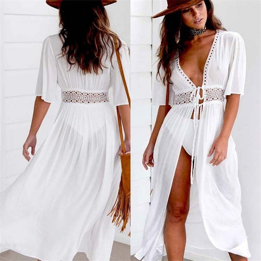 Long beach dress with lace accents and bow fastening – Elara