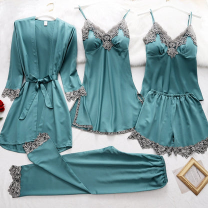 5-Piece Satin Sleep Set for Women with Lace – Amara