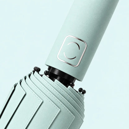 Close-up of a pale mint handle with a metallic square emblem and the folded canopy's stitched pleats and black rib tips. 5