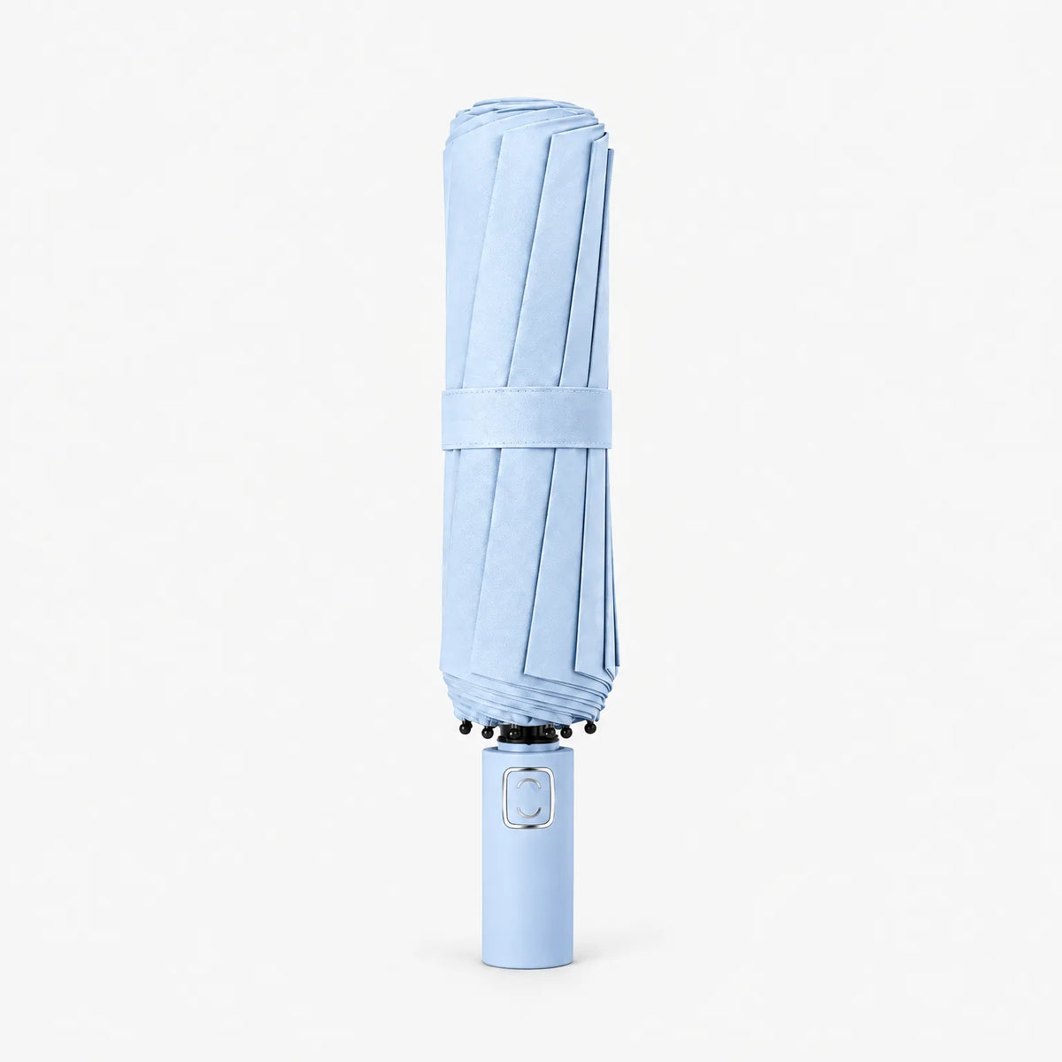 Folded light blue umbrella standing handle-down on a white background, secured with a matching fabric strap. 6