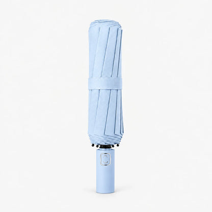 Folded light blue umbrella standing handle-down on a white background, secured with a matching fabric strap. 6