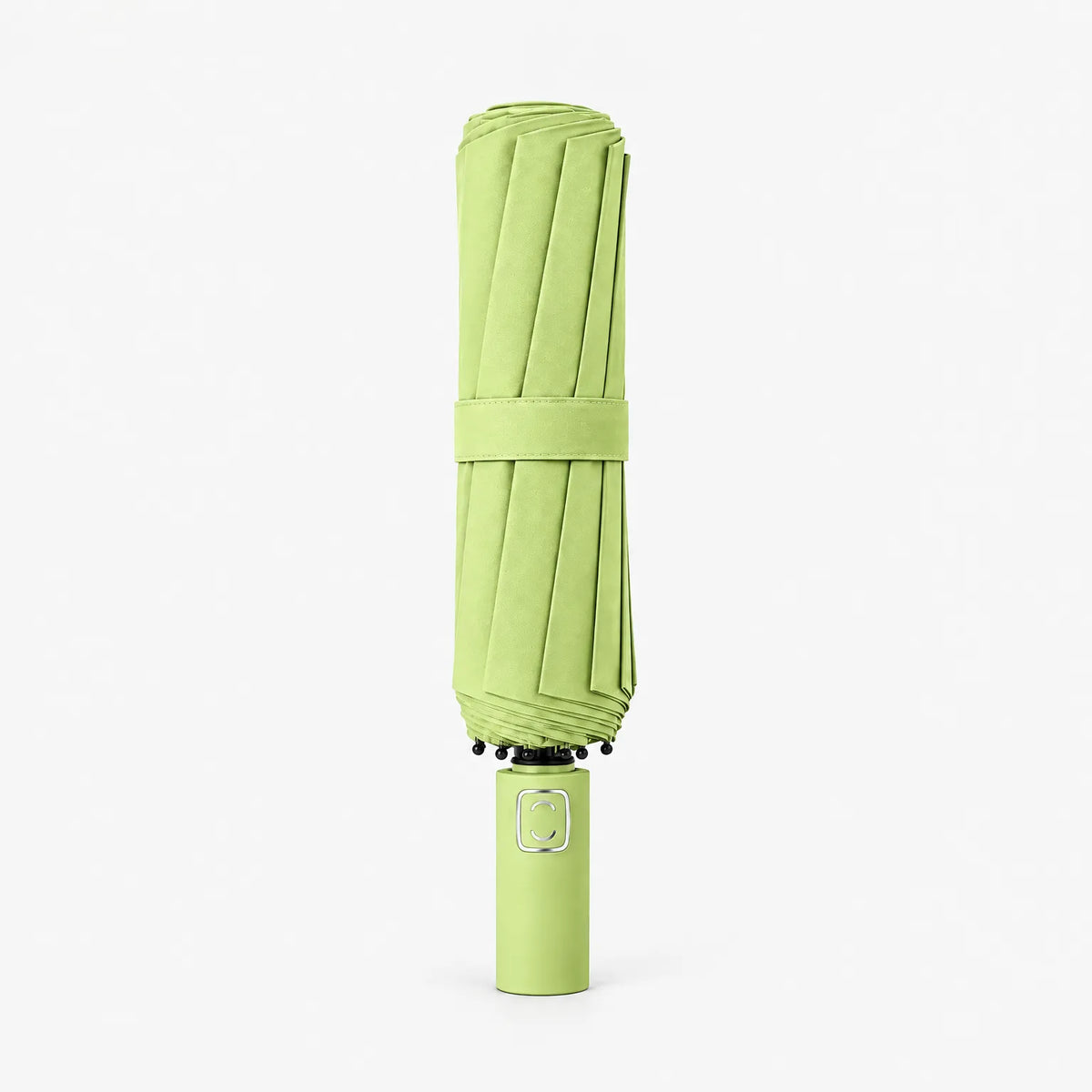 Folded bright green umbrella standing handle-down on a white background, with a matching strap and a metallic square on the handle. 8