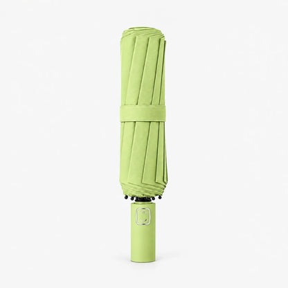 Folded bright green umbrella standing handle-down on a white background, with a matching strap and a metallic square on the handle. 8