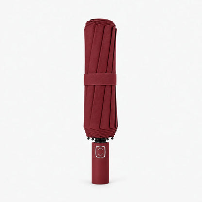 Folded burgundy umbrella standing handle-down on a white background, with a matching fabric strap and black rib tips at the top. 9