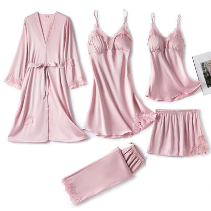5-Piece Satin Sleep Set for Women with Lace – Amara