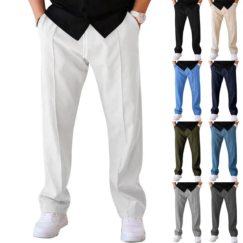 Close front view of white trousers worn with a black top and white trainers, with a grid of eight other colour options. 6