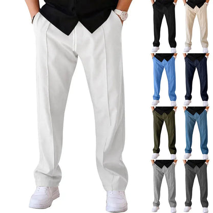 Close front view of white trousers worn with a black top and white trainers, with a grid of eight other colour options. 6