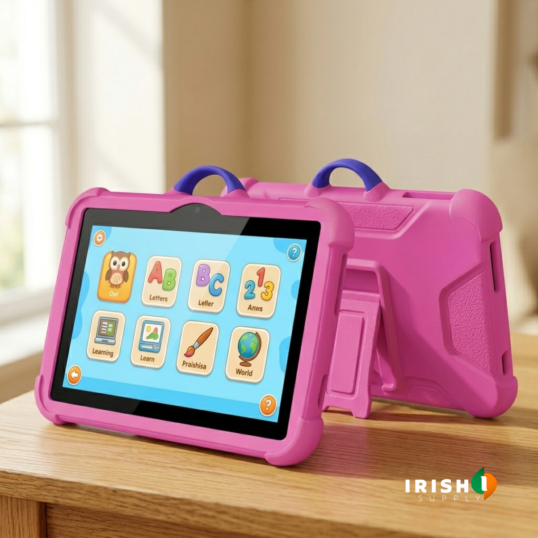 Pink tablet in its protective case showing a learning app screen, with the back and kickstand behind 2