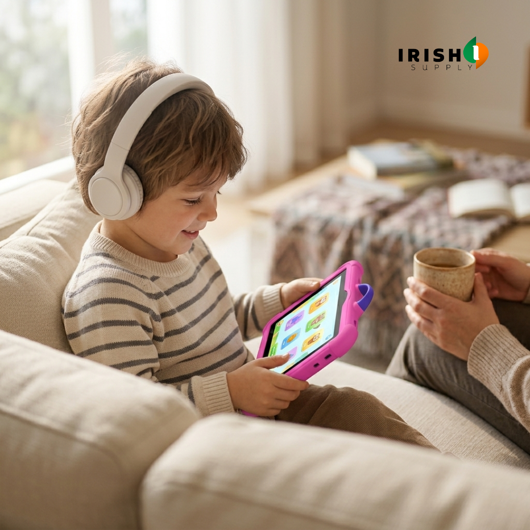 Smiling boy in headphones sits on a sofa using the pink tablet while an adult holds a mug 1