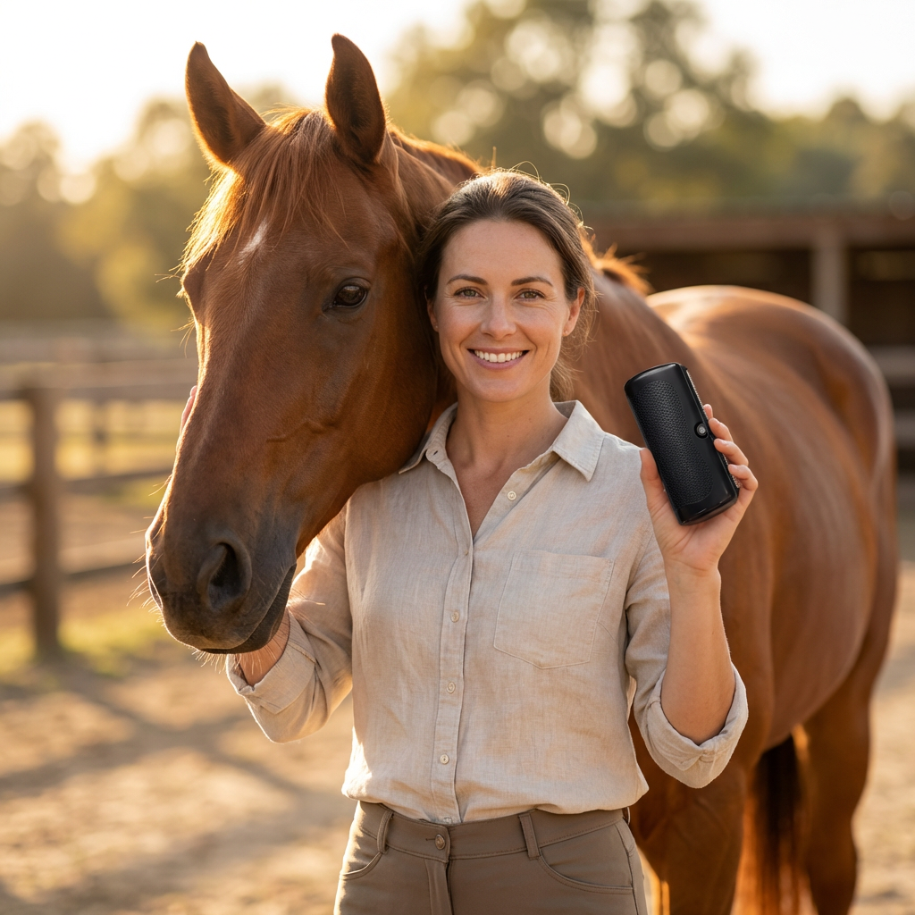 Smiling woman in a linen shirt holds the black brush beside a chestnut horse in a sunlit paddock. 2