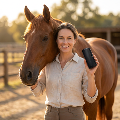 Smiling woman in a linen shirt holds the black brush beside a chestnut horse in a sunlit paddock. 2