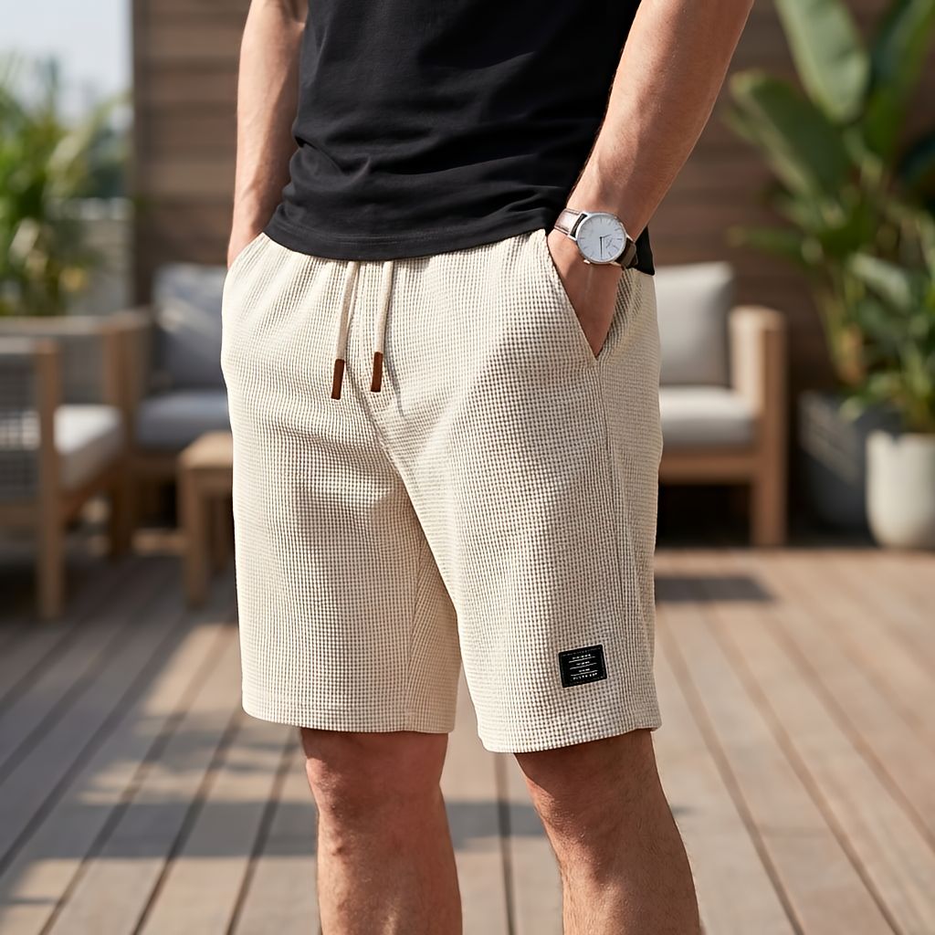 Model wearing cream waffle-textured shorts with a drawstring waist, one hand in a pocket, standing on a wooden deck. 8