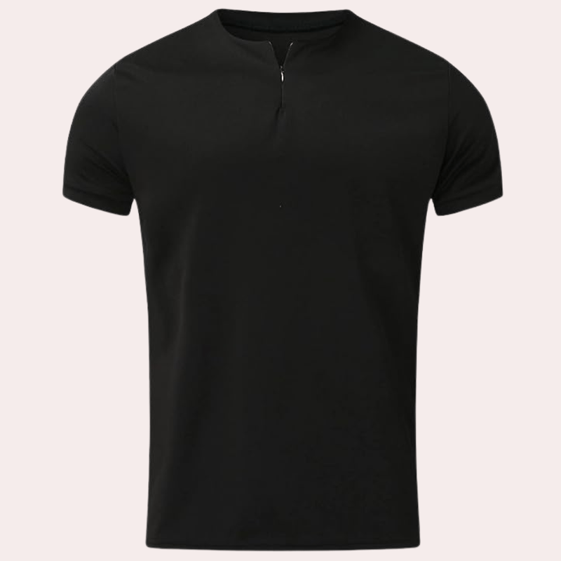 Front view of a black short-sleeved top laid flat, showing a short zip at the neckline 4