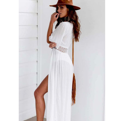 Long beach dress with lace accents and bow fastening – Elara