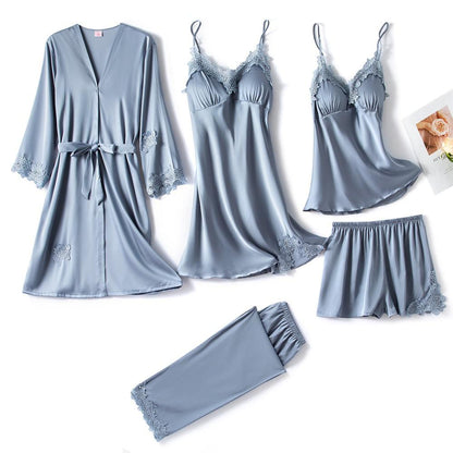 5-Piece Satin Sleep Set for Women with Lace – Amara