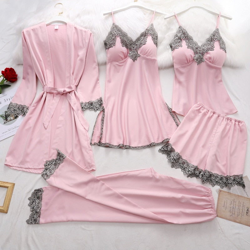 5-Piece Satin Sleep Set for Women with Lace – Amara