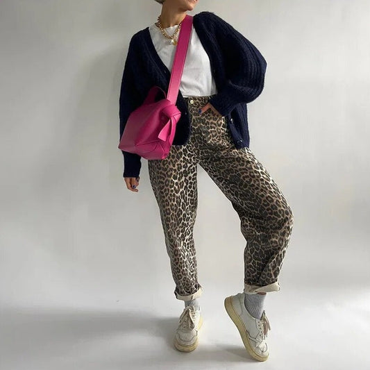 High-Waisted Jeans With Leopard Print - Rochelle