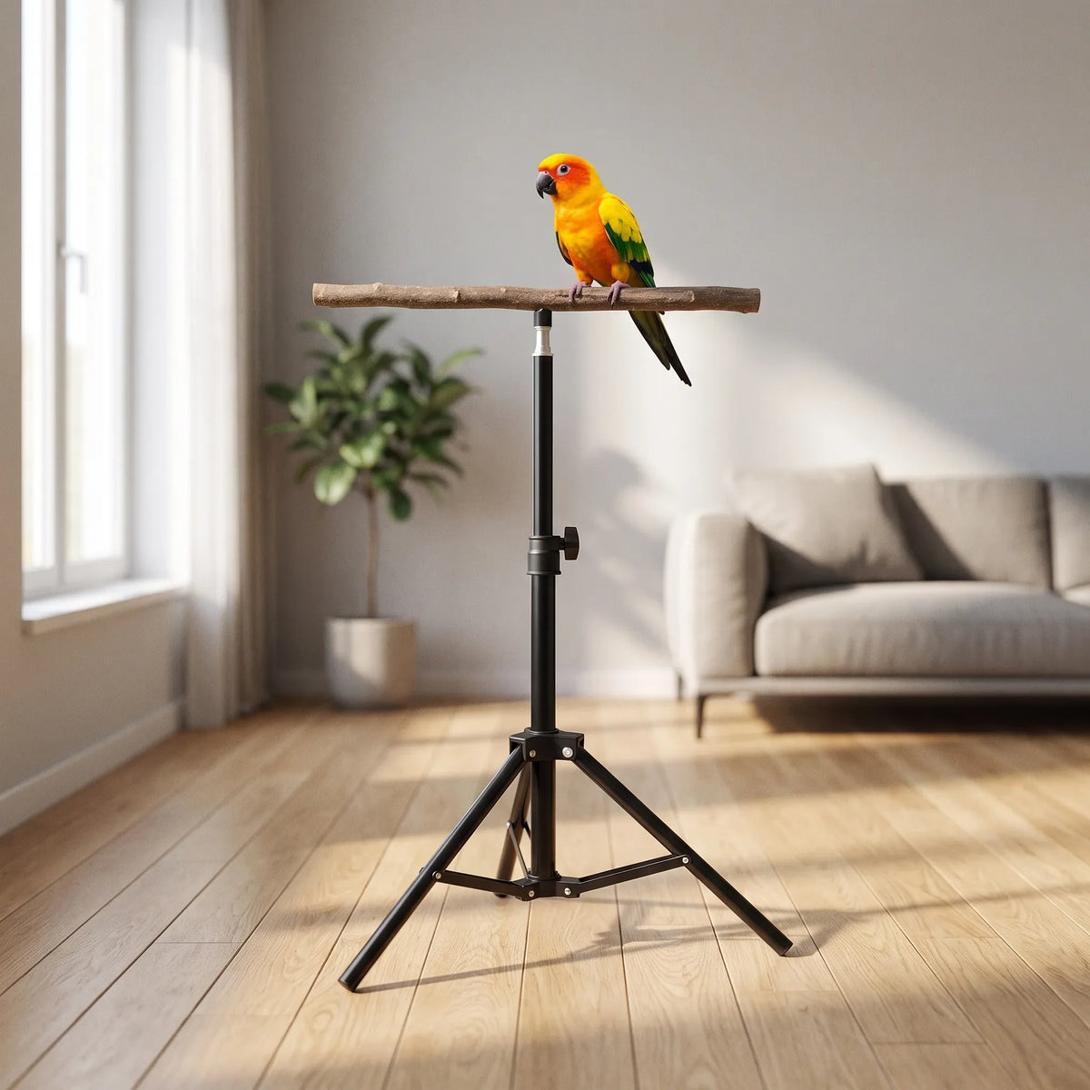Orange and yellow parrot perched on the wooden branch of the tripod stand in a bright living room with sofa and plant. 2