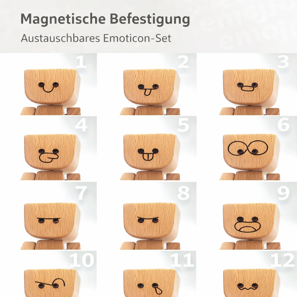 Twelve numbered interchangeable wooden faces in a grid, showing smiles, tongues, winks, frowns and other expressions. 6
