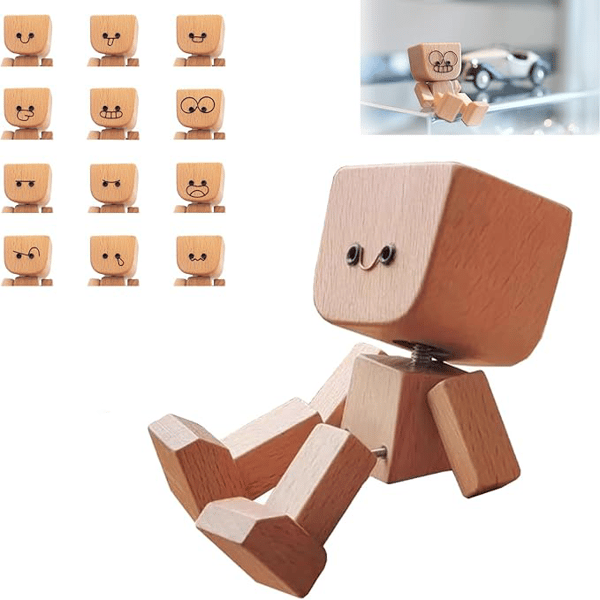 Grid of twelve different faces beside the seated wooden figure, with a small inset of it on a glass shelf. 3