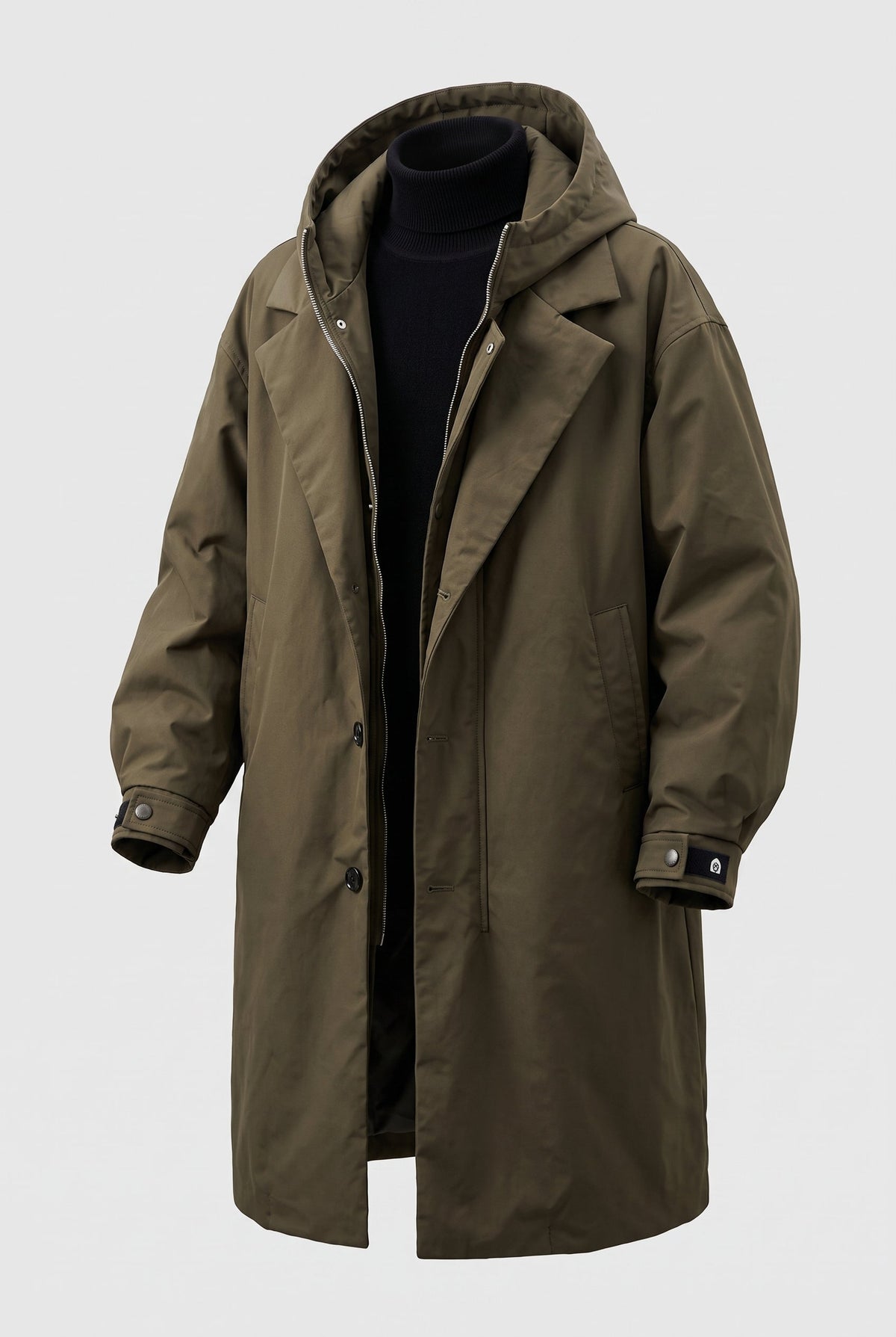 Olive green hooded raincoat shown on a mannequin, with button cuff tabs and zip visible 5