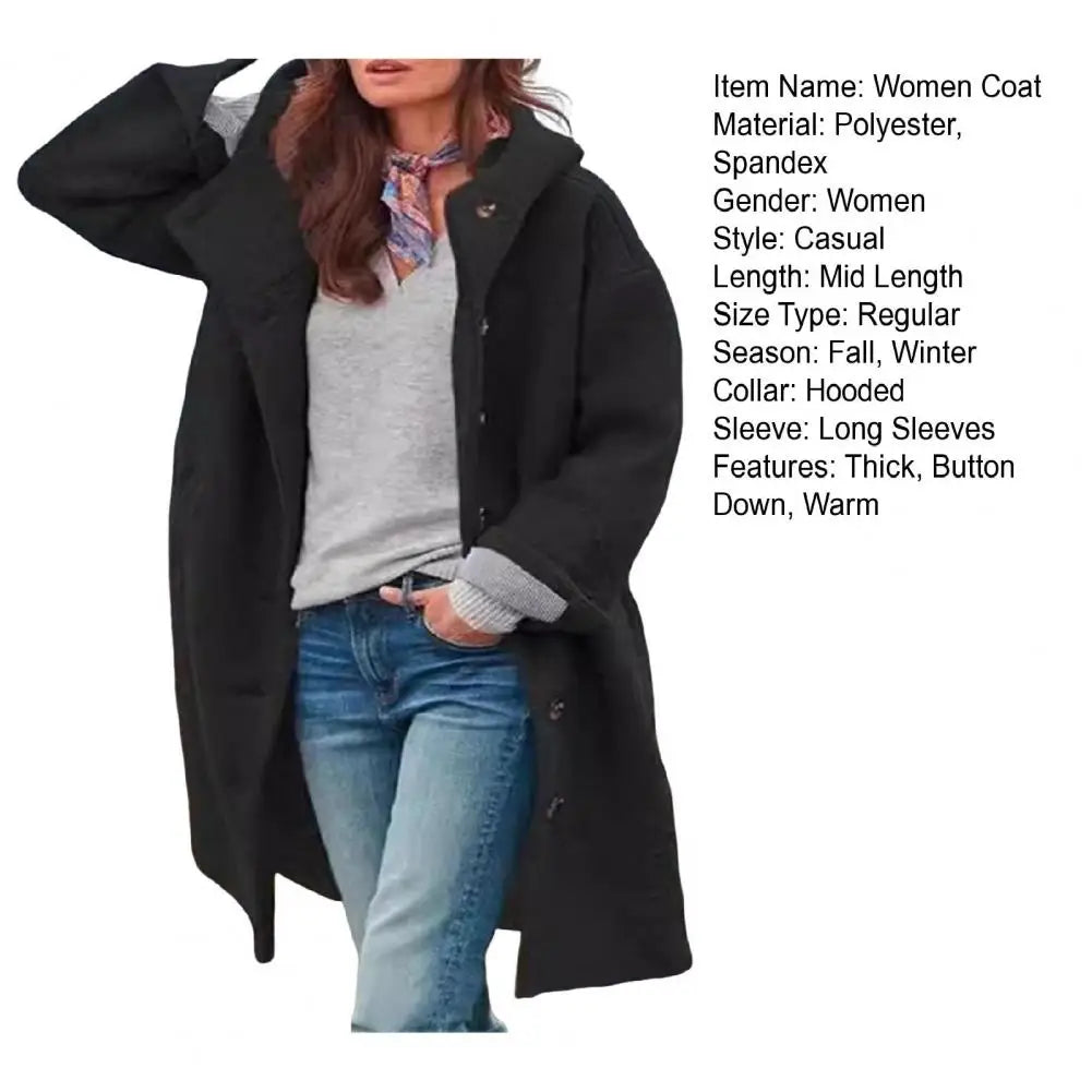 Black coat on a white background with a list of product specifications beside the model 7