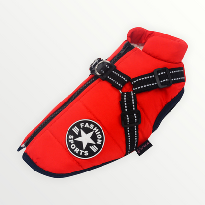 Red quilted jacket laid flat with padded collar, back zip, navy trim and black reflective harness straps with metal D-ring. 14