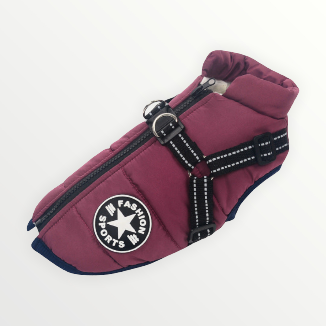 Burgundy quilted jacket laid flat, showing the padded collar, zip, navy trim, round patch and black reflective harness straps. 15