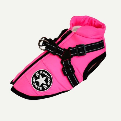 Bright pink quilted jacket laid flat with black trim, padded collar, zip and black reflective harness straps with a D-ring. 17