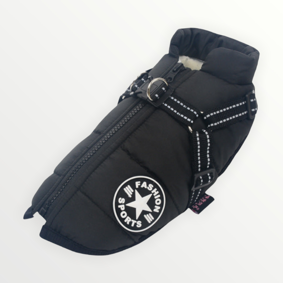 Black quilted jacket laid flat, showing the padded collar, zip, round patch and black harness with reflective stitched straps. 19