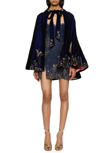 Dress styled under a navy velvet cape with gold embroidery, a tied neck bow and wide sleeves 9