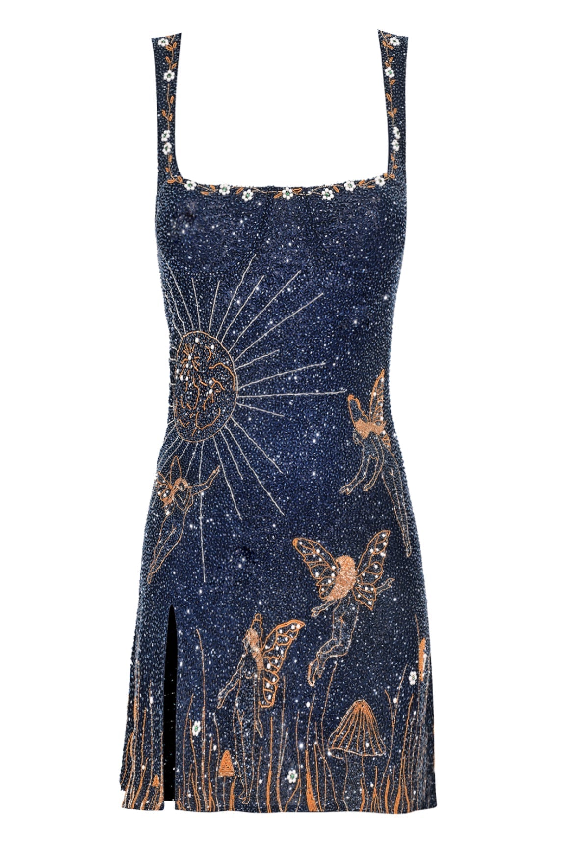 Flat front view of the dress without a model, showing the floral-trimmed straps and beaded sun and fairies 5