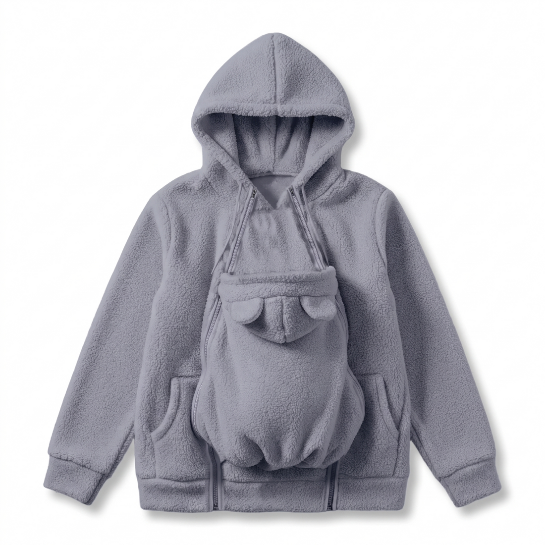 Flat lay of the grey sherpa fleece hoodie with the ear-topped baby carrier panel zipped onto the front. 12