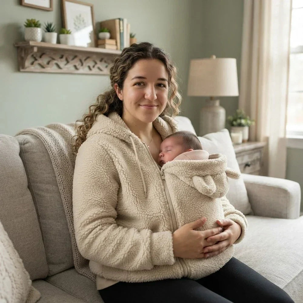 Woman seated on a sofa in a cream sherpa hoodie, holding her sleeping baby inside the eared carrier panel. 7