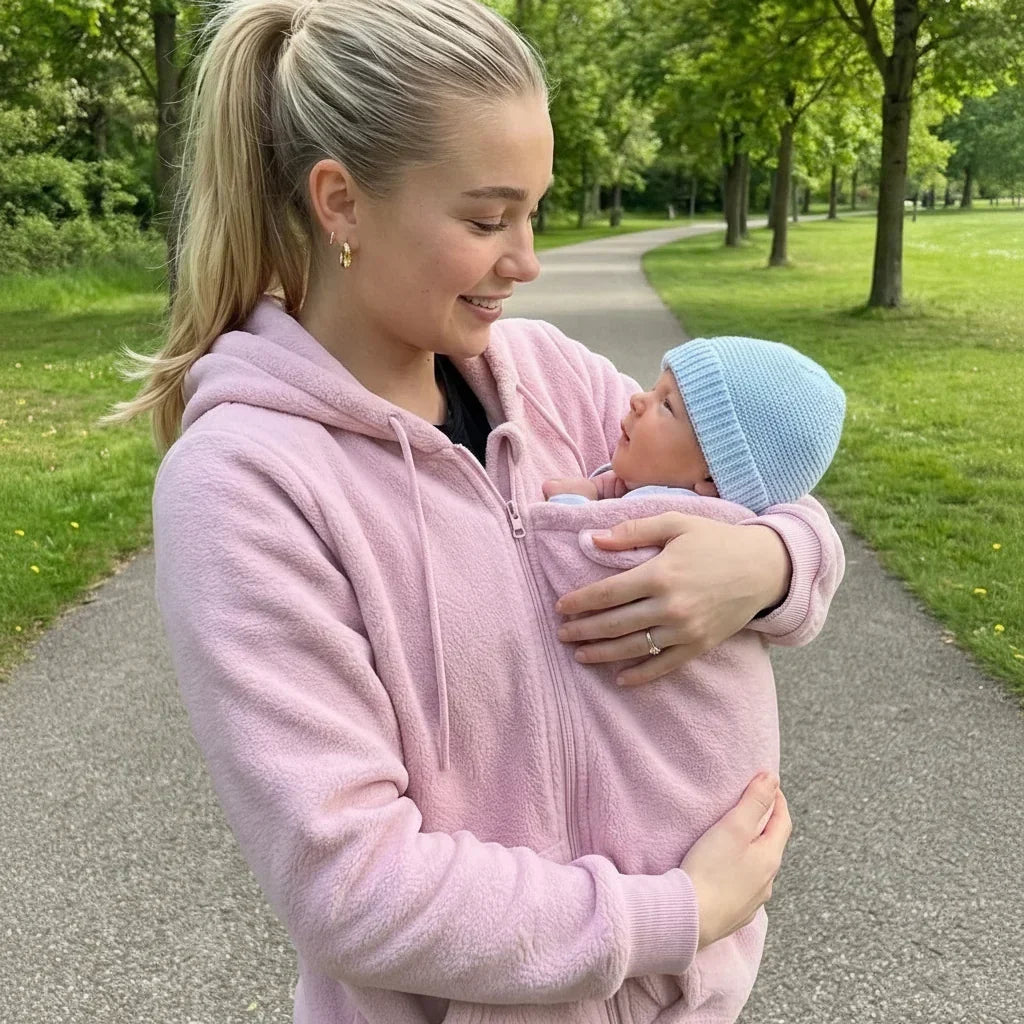 Woman in a soft pink fleece hoodie on a park path, gazing at her baby in a blue knitted hat. 4