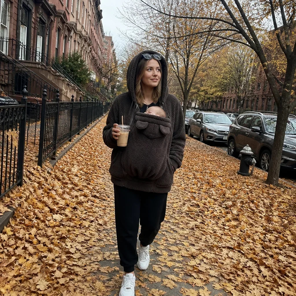 Woman in a dark brown sherpa hoodie with the hood up, walking along a leafy street with a baby in the panel. 5