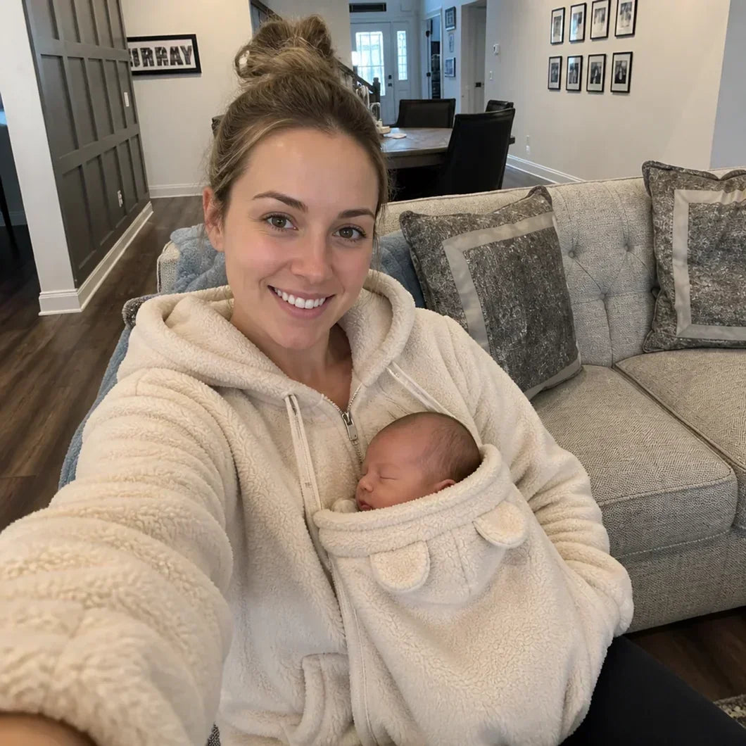 Smiling woman taking a selfie on a sofa in a cream sherpa hoodie, newborn asleep in the carrier panel. 3