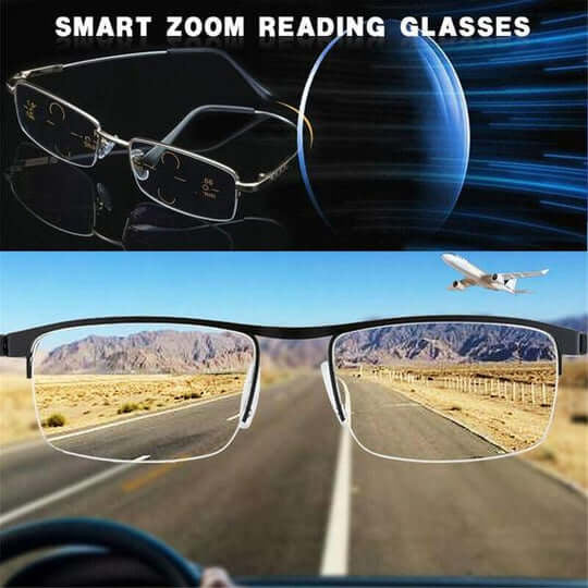 Half-rim glasses shown above and framing a clear view of a desert road with a plane overhead 4