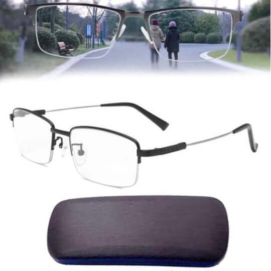 Black half-rim glasses with slim arms beside a dark hard case, with a park scene seen through the lenses above 6