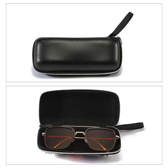 Black zipped case with wrist strap, shown closed above and open holding a pair of sunglasses 9